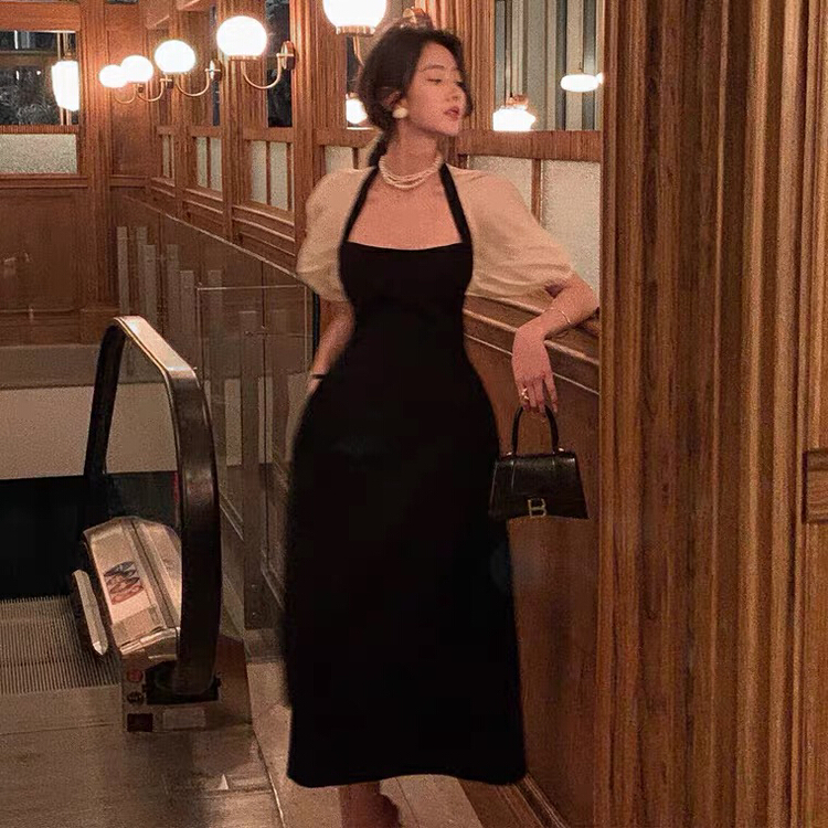 New in early summer! [L.L studio] French stitched black bubble sleeve waist closing dress 7410# PCZ