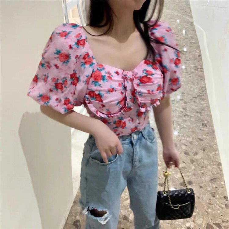 [Linna] Korean French romantic printed short shirt 82796# zxx