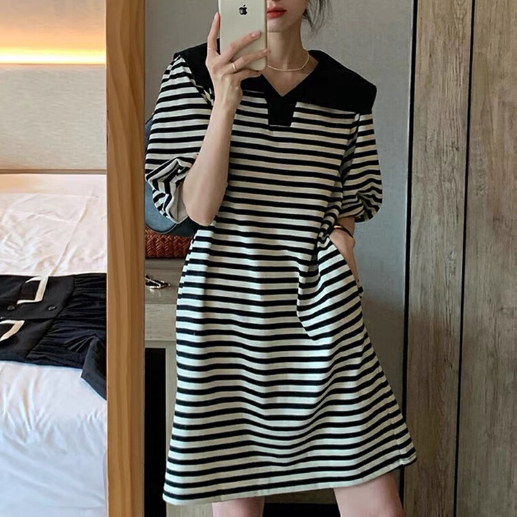 [Xiaofan family] Navy collar black and white stripe Lantern Sleeve medium length dress 8237# LSW