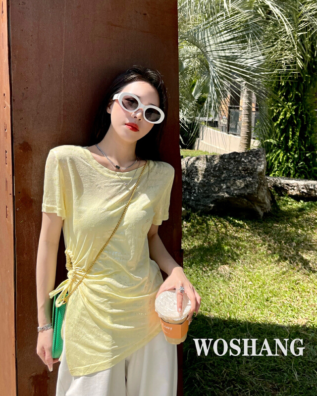 New in early summer! [woshang woshang] sexy slim fit side hollowed out drawstring irregular short sleeve T-shirt 288-1# XYJ