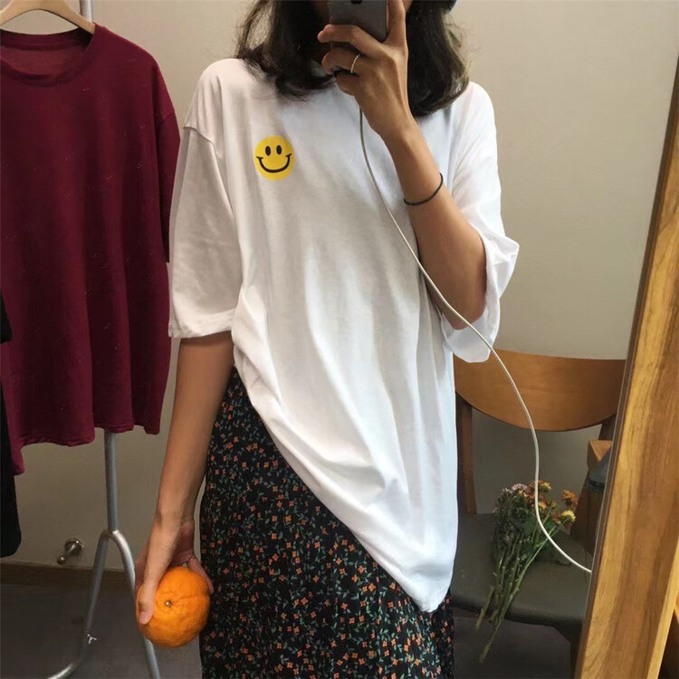New in early summer! [one seven] smiling face print loose Vintage short sleeve T-shirt t6350# LSL
