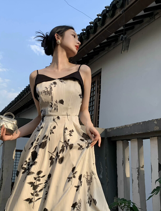 [smile baby] French retro contrast stitched pleated waist dress b3082# WPL