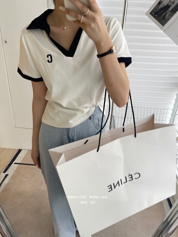 [Wingyee] simple Polo contrast V-neck short sleeve T-shirt 807# ll