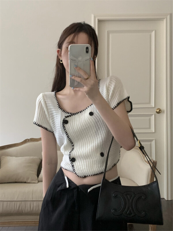 [FC] double breasted color stitching fashion blouse (excluding necklace) 6006# PCZ