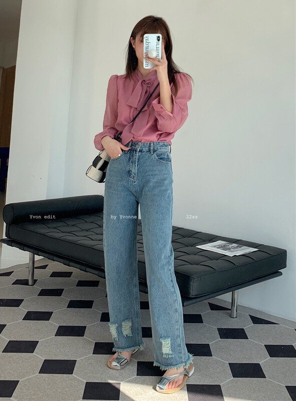 goods in stock! [Yiwan y.von] Korean version of simple broken edge jeans 1912# XJ