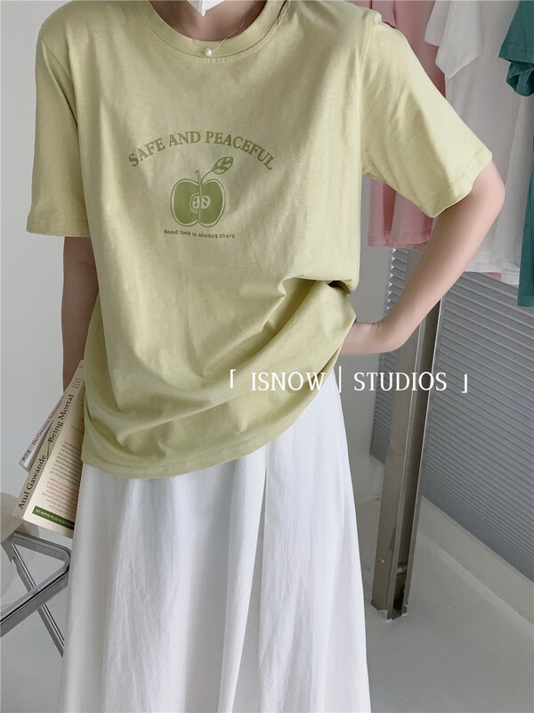 New in early summer! [I snow] simple casual print loose short sleeve T-shirt 222330# WPL