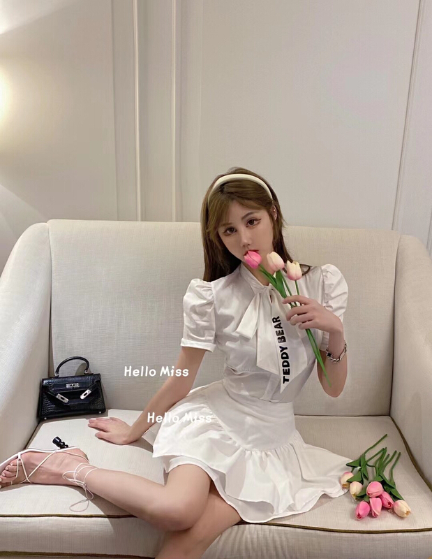 New in early summer! [Hello Miss] lace up bow bubble sleeve shirt 6307# PCZ