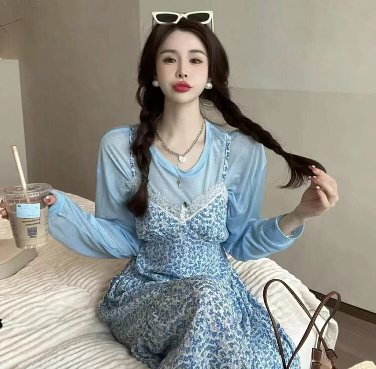 [mi ni] simple long sleeved sunscreen Top + floral lady suspender skirt suit 1112# PCZ