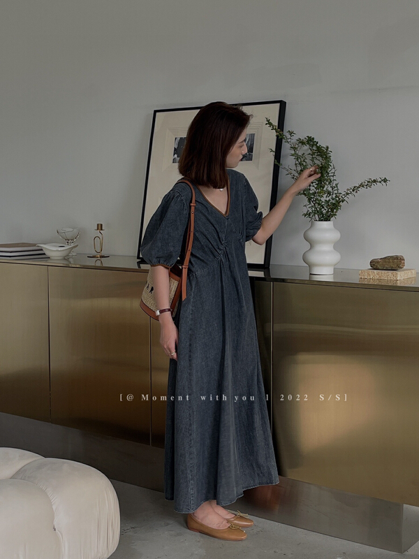 [moment with you] Vintage stitched bubble sleeve denim dress 2m036# LSW