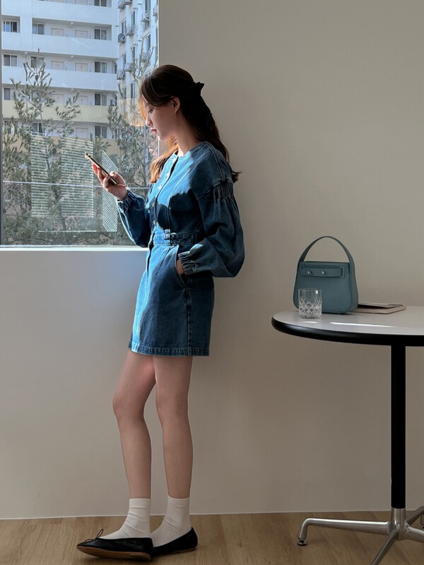 New year in early spring! [acme group] Korean version of versatile breasted denim waist closing dress 0199# CLS