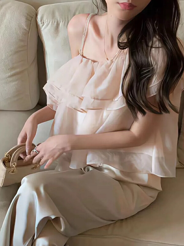 [Huaxi] French style mesh top + slim and Wide Leg Pants Set 9009# PCZ