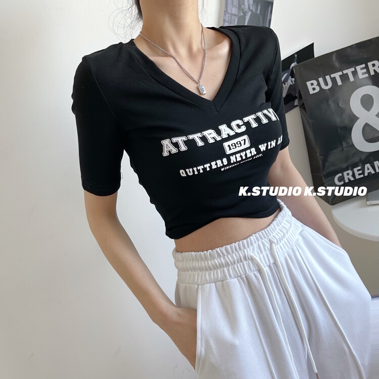 New year in early spring! [Kim studio] V-neck letter printed short sleeved T-shirt 3200# PCZ