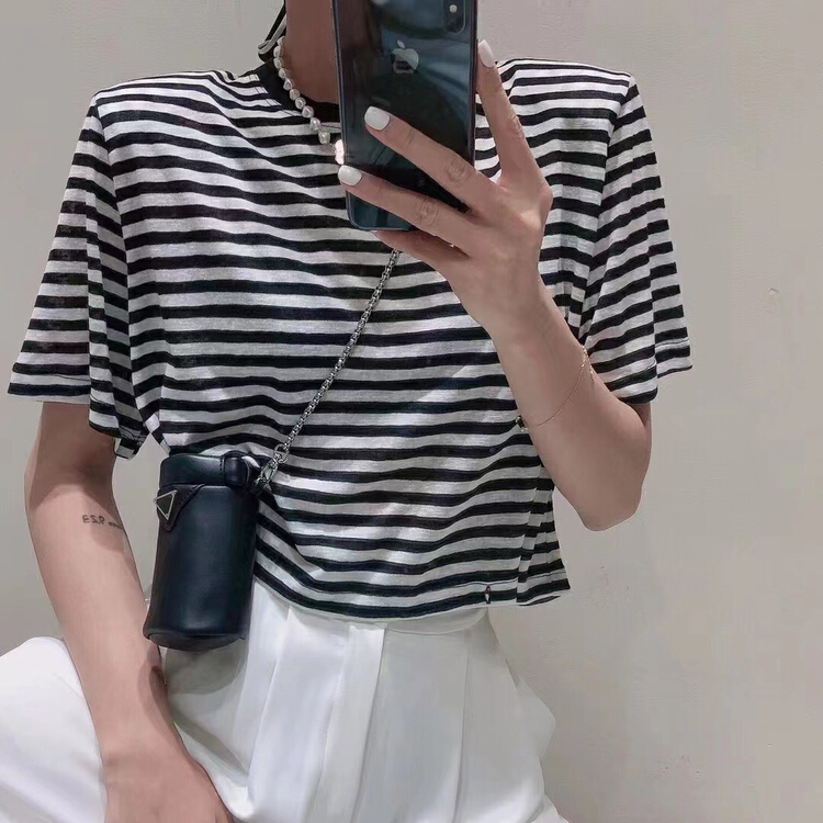 [Xi Xi] net red side button stripe short sleeve T-shirt 9805# ozq