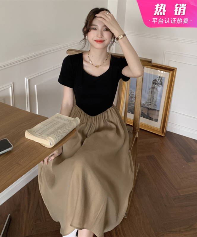[y.jia Yijia] gentle square V-neck contrast dress ys1-6775# PCZ