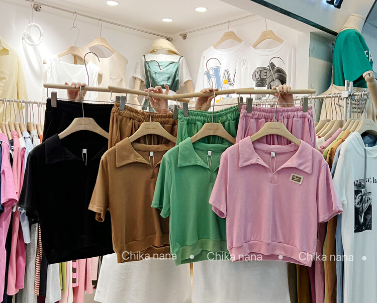 [Chika. Nana] casual Polo neck short sleeve T-shirt + Elastic Waist Shorts two piece suit 628# cqw