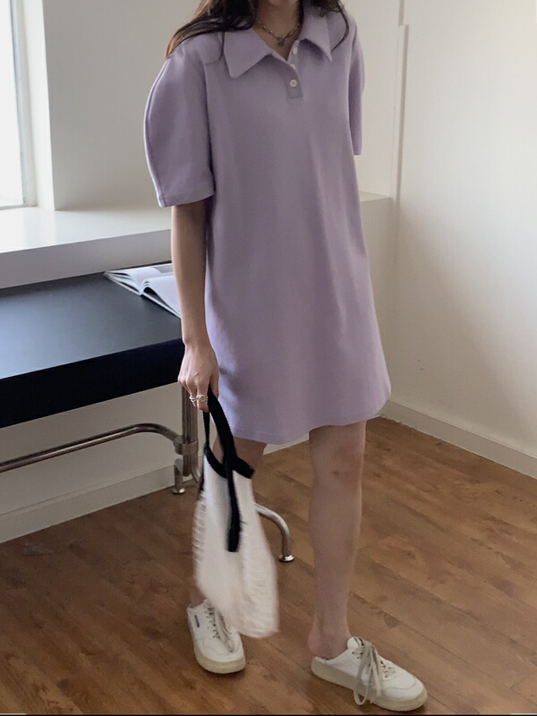 [bluepops] Polo neck casual T-skirt dress a2330# zxl
