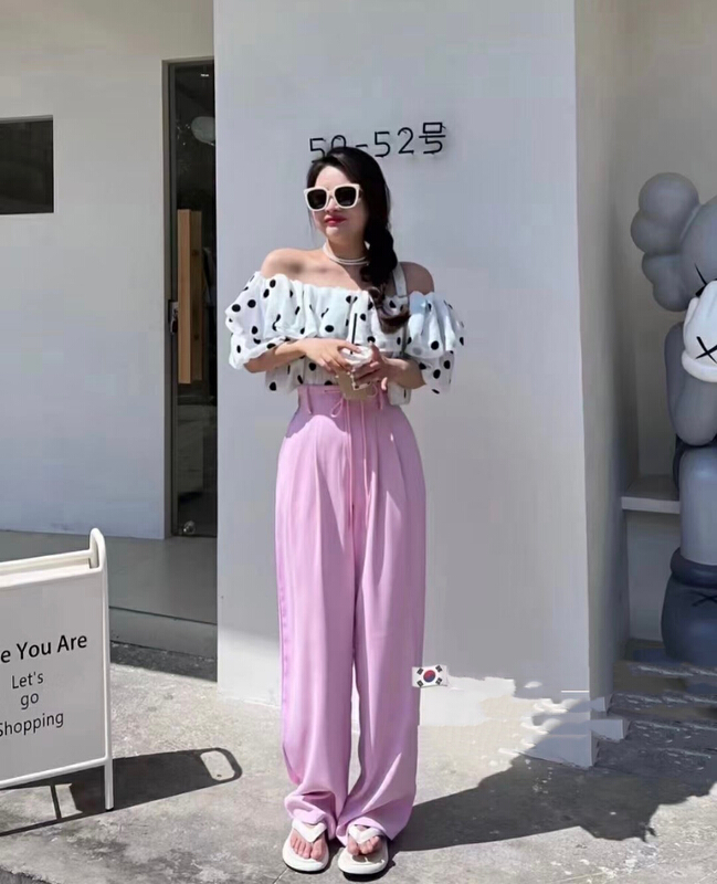 [JH] wave dot one line shoulder lotus leaf edge top + net version comfortable trousers suit 41526# PCZ