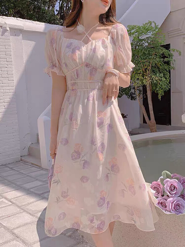 New year in early spring! [Yingying new clothes] bubble sleeve gentle wind closing waist thin floral dress (with breast flower) 7003# Cl