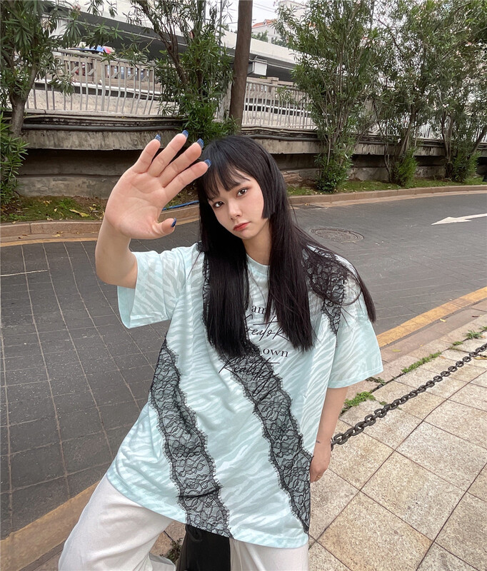 [ylanvo] personalized letter stitching lace loose short sleeve T-shirt 8113# cqw