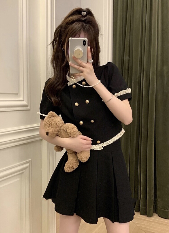 【JH】小香蕾絲邊短袖上衣➕百褶半身裙套裝(不配帽子)  41651#  PCZ