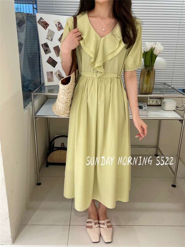[Sunday morning] Korean version solid color Ruffle lace up dress 9082# ZSY