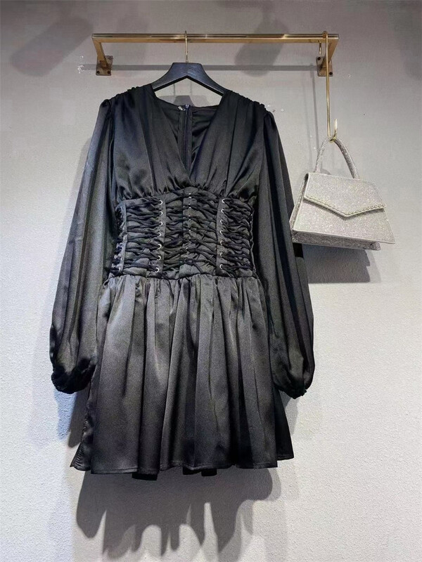 [spy] temperament V-Neck long sleeve waist closing dress ys1-s9494# JJ
