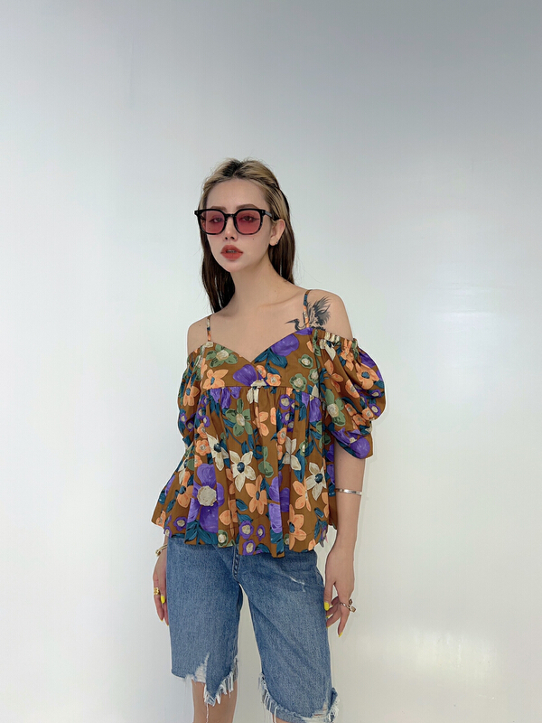 [d.two D2] sexy off shoulder floral shirt 2221111# zxl