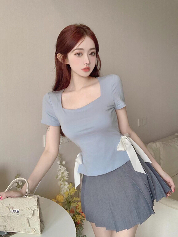 [Hello Miss] Korean super sweet slim fit lace up bow short sleeve T-shirt ys1-6223# PCZ