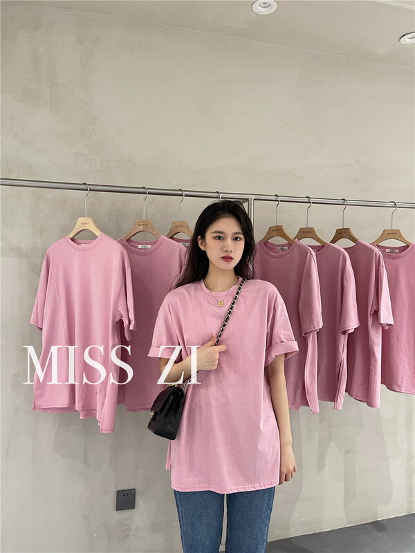 [miss Zi] Korean solid color versatile short sleeve T-shirt 2377# cqw