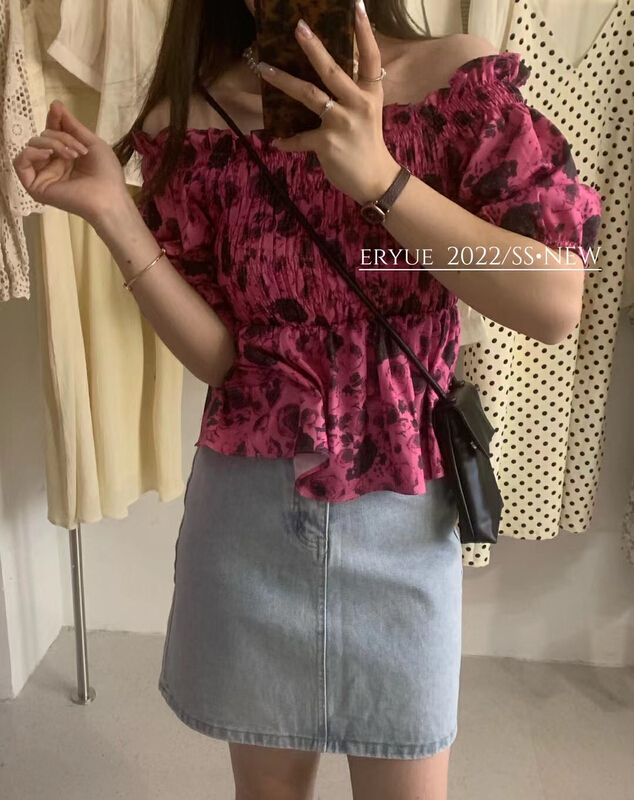 New in early summer! [033three] printed off shoulder fashion shirt 8091# ozq