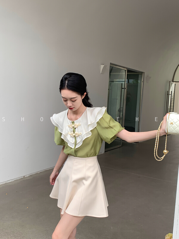 [xiuxixi] French Ruffle collar, nail bead, buckle, chic shirt 9109# zxx