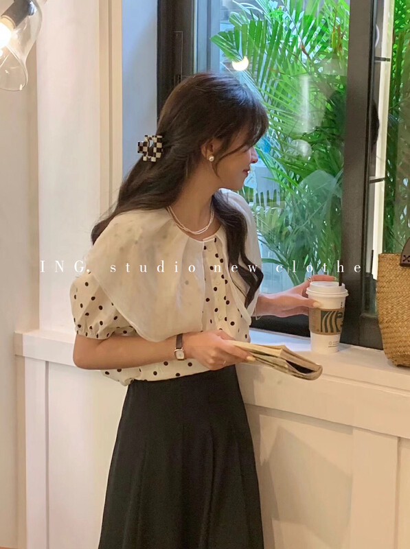 goods in stock! New in early summer! [ing] French Polka Dot large lapel button up shirt ing-7695# ZSY