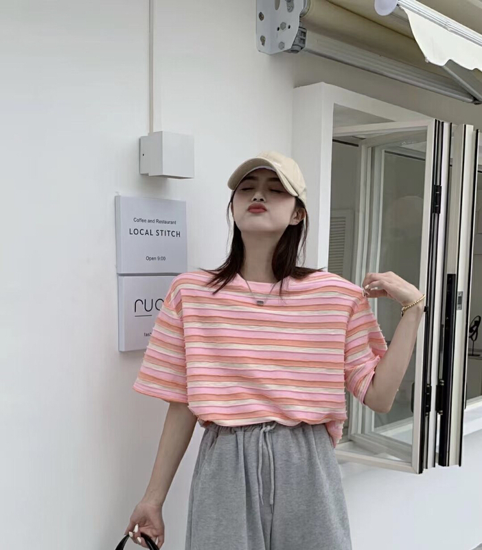 goods in stock! New in early summer! [Hebe] loose three-dimensional stripe short sleeve T-shirt 6093# XYJ