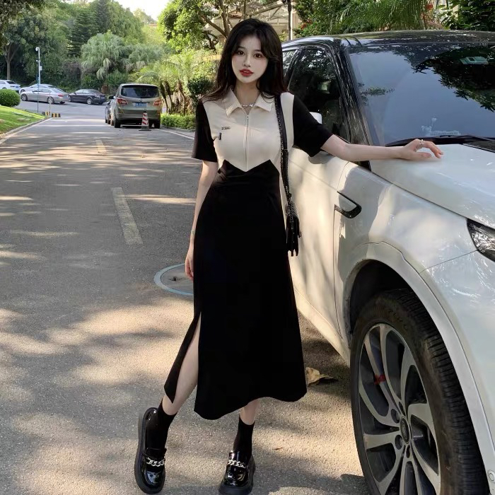 [Huaxi] contrast stitching polo collar dress 8965# PCZ