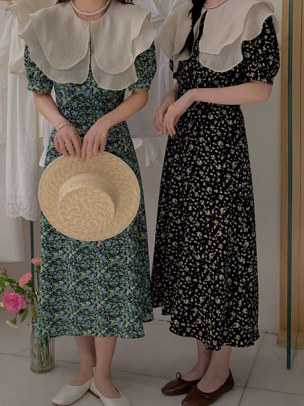[wgwe] French high-grade double-layer Ruffle collar contrast floral dress 1672# PCZ