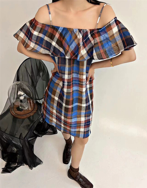 [d.two D2] Korean Vintage Plaid off shoulder dress 2203150# CSX