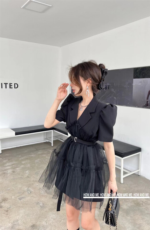 [how and me Cheng Xi] design sense splicing Hong Kong style dress (with belt) 7023# LSL