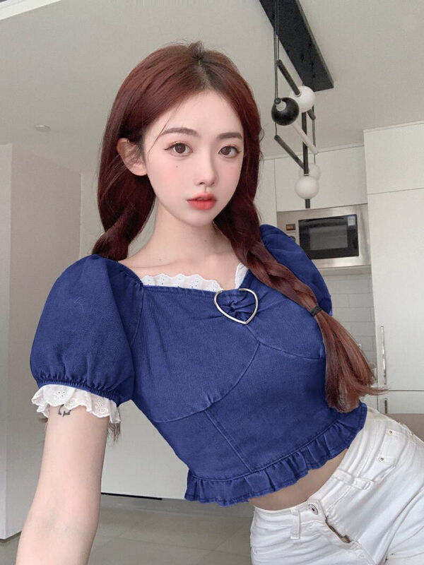 [Doudou family] sweetheart square neck denim bubble short sleeve shirt 88305# CLS