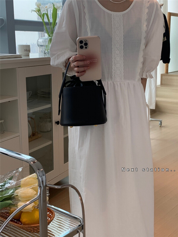 [next station] Korean version solid color cotton hemp bubble sleeve dress 22151# ZSY