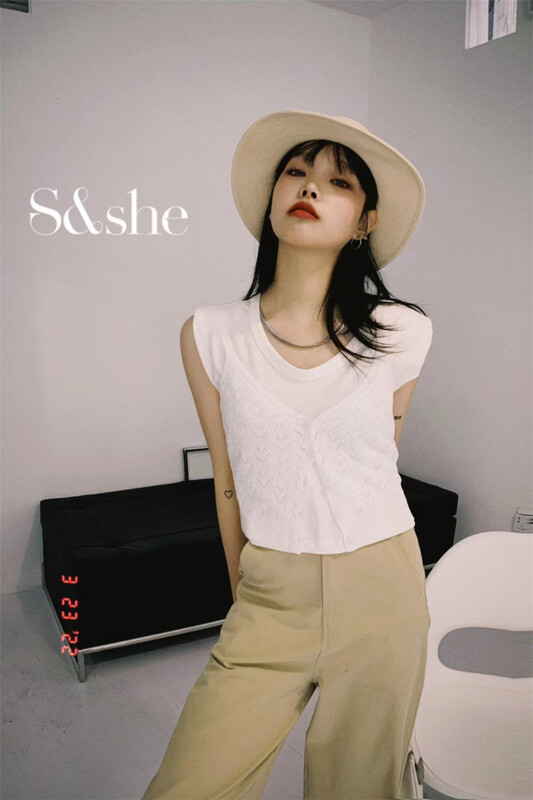 New in early summer! [she] simple and clean shoulder padded Vest + suspender knitted vest suit 1176a# XJ