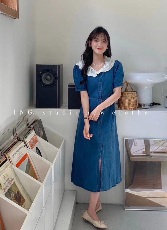 New in early summer! [ing] sweet design, aging doll collar, waist lace up denim dress 7698# HBx