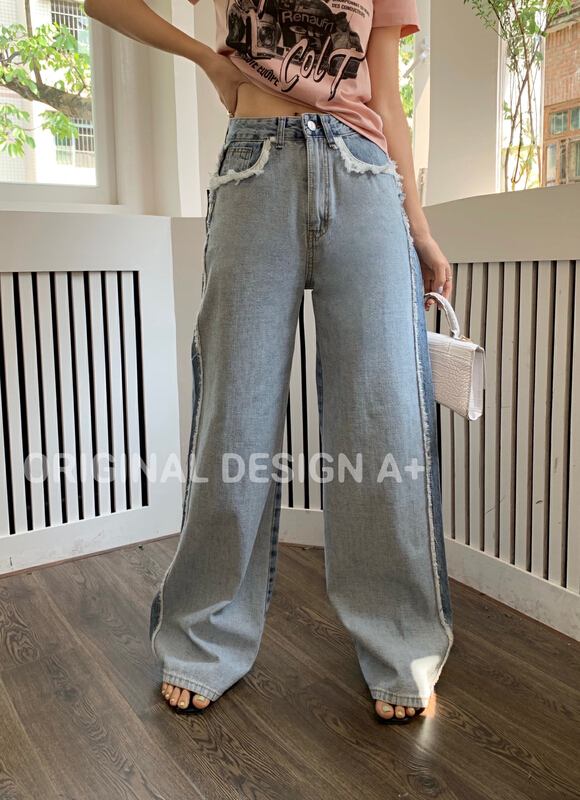 New in early summer! [a +] Hong Kong style wide leg rough stitched jeans 7703# WPL