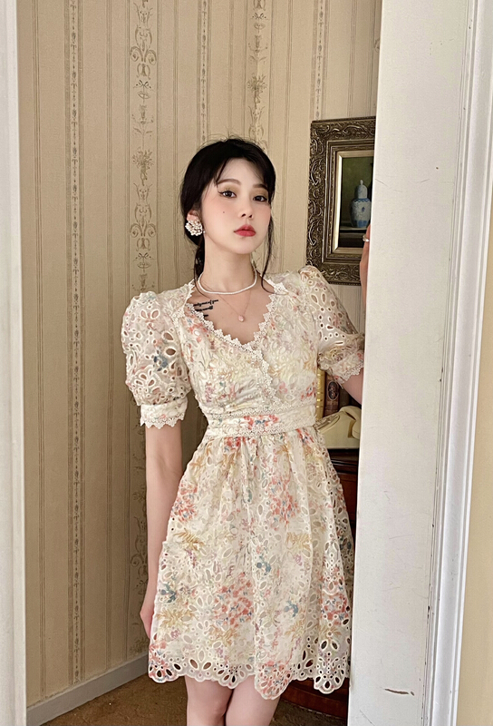 [mi2] V-neck bubble sleeve slim dress b6274# JJ
