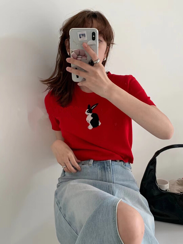 New in early summer! [wgwe] design sense of niche small rabbit jacquard short sleeved shirt 1365# PCZ