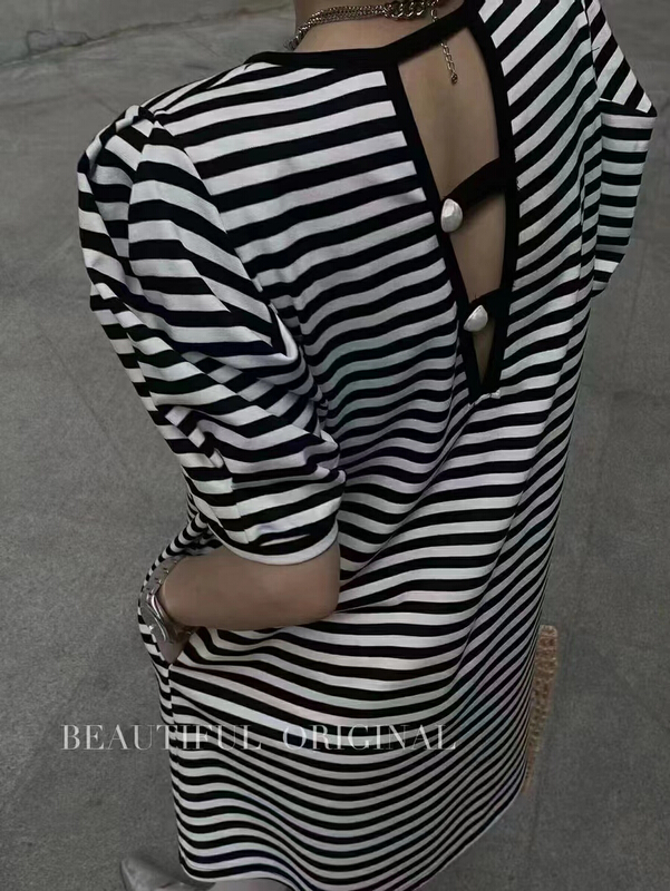 [top] Korean round neck bubble sleeve back hollowed out dress 3075# zjy