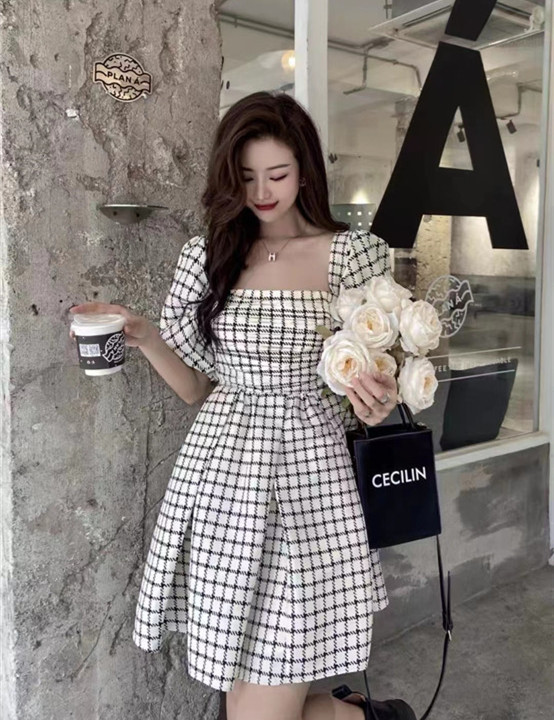 goods in stock! New in early summer! [little woman] temperament square neck bubble sleeve Gebo dot print dress 22070# PCZ