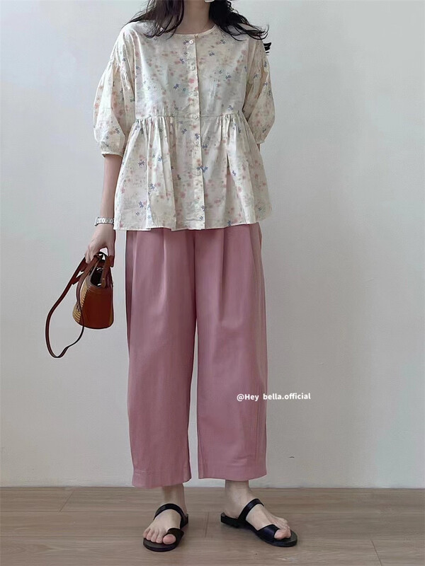[hey Bella] round neck single breasted floral shirt 2363# ll