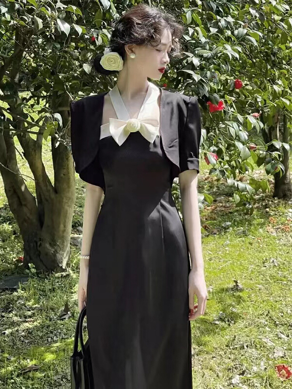 New in early summer! [are studio] French short coat + Neck Dress Set (with Brooch) 81026# WPL