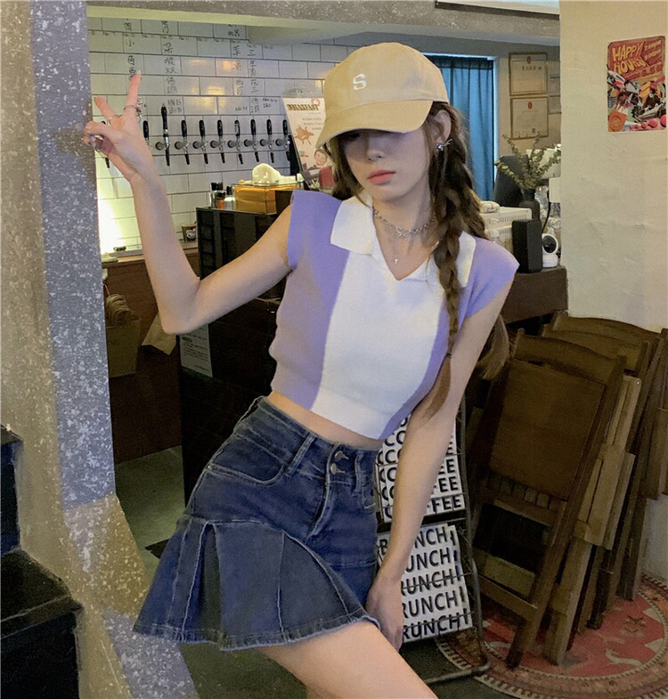 New in early summer! [fat woman's house (F.P)] Korean contrast knitted lapel vest/condole belt 6945# HBX