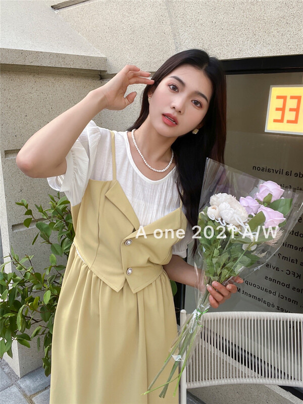 goods in stock! [A-One] Korean version of Lady temperament fake two-piece dress 22071# hjy